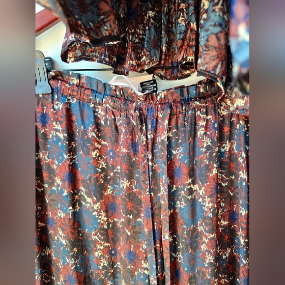 RACHEL ZOE Satin Floral Dark Blue SET Spagetti Top Elastic Wide Legs Pants S - Picture 13 of 14